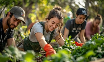 Inspiring photo of a diverse group of people working together in a community garden, cultivating organic produce and composting food waste, Generative AI