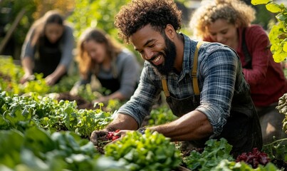 Inspiring photo of a diverse group of people working together in a community garden, cultivating organic produce and composting food waste, Generative AI