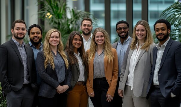 Candid photo of a diverse team of co-workers standing for a group picture, Generative AI