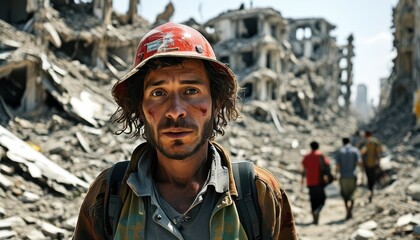 Obraz premium Surveying the Aftermath: Individuals Amidst the Rubble of a Demolished City