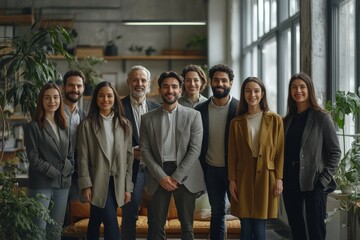 Portrait of happy millennial diverse professional team in loft office space. Group of multi ethnic employees gathering for corporate meeting and teamwork, looking at camera, smiling. Generative AI
