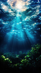 Obraz premium Sunbeams pierce through the ocean surface illuminating the vibrant underwater coral and marine life. Nature's underwater beauty at its best.
