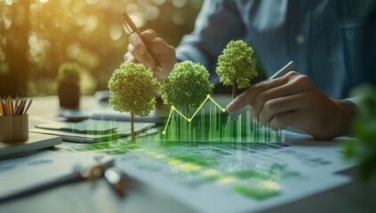 A financial professional analyzing green upward arrows on graphs