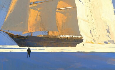 An illustration of a boy and dog in front of a big wooden sailboat, created using digital illustration art painting design styles.