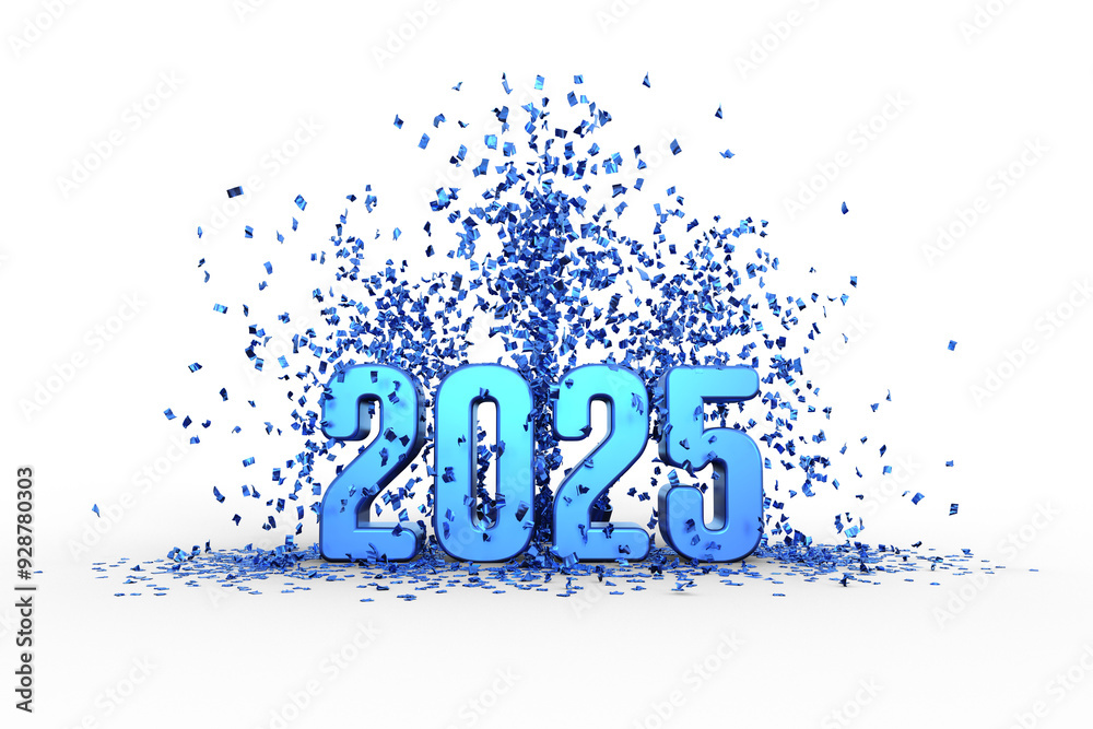 Wall mural metallic blue confetti and 2025 text for happy new year card - 3D rendering