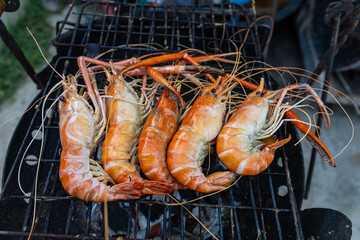 River prawn shrimp grilled on fire