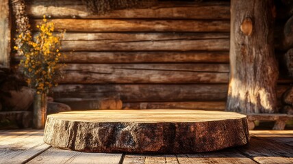 A circular wooden platform sits in a warmly lit cabin, surrounded by timber walls and a tranquil atmosphere