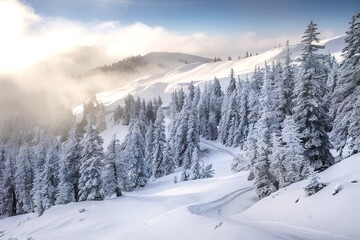 Obraz premium Snowy winter mountain landscape with fir trees