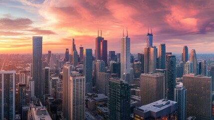 A stunning sunset view over a city skyline with skyscrapers and vibrant clouds.