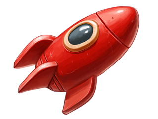 a red toy rocket with a black circle
