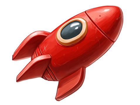 a red toy rocket with a black circle