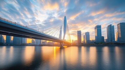 Obraz premium A stunning sunset view over a modern bridge and city skyline reflecting on the water.