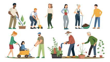 Naklejka premium Men and women are gardening and plant vegetables, flower