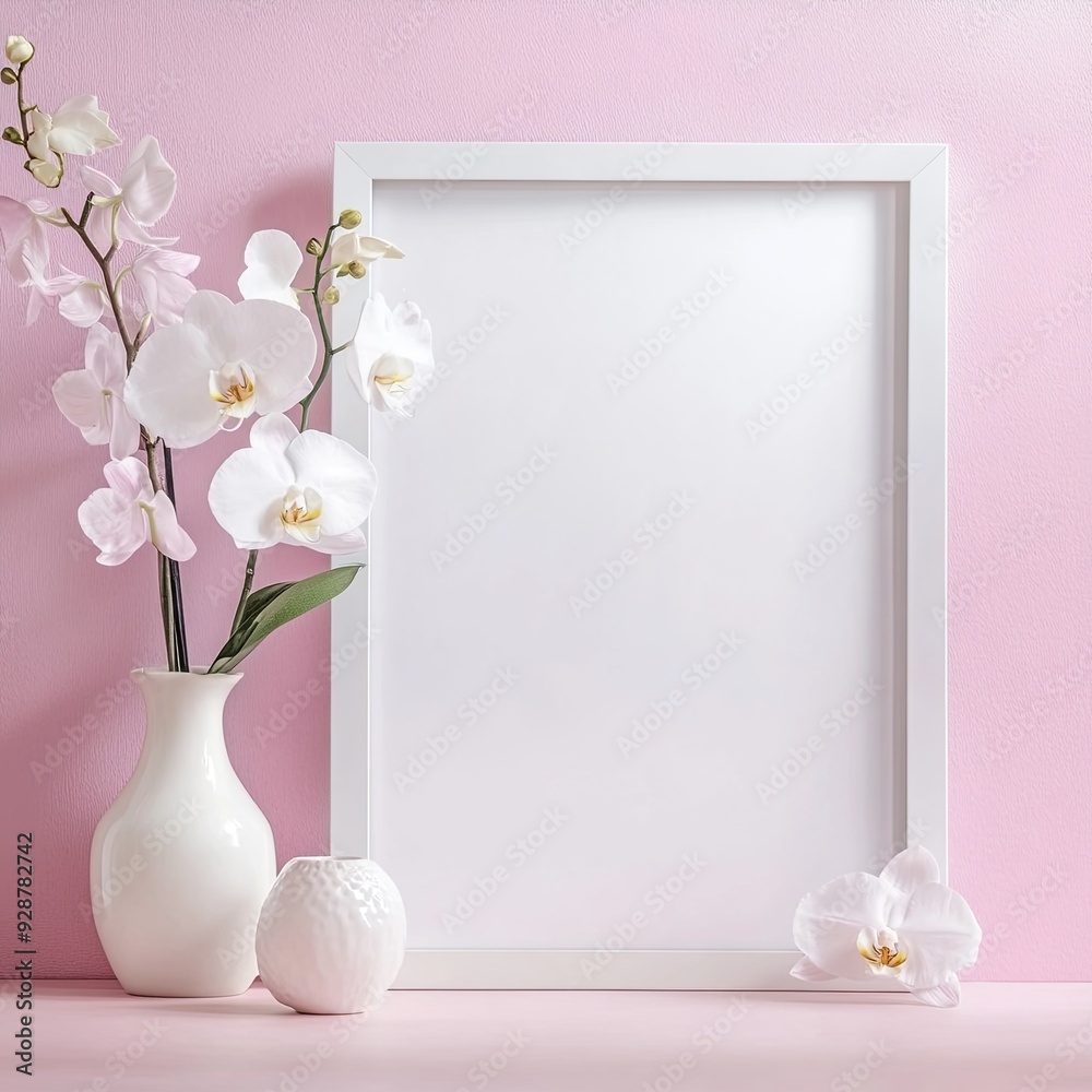 Fototapete white photo frame decorated with orchid flowers on the table on pink pastel background. decoration w