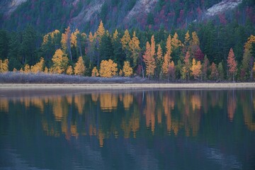 Larch and pine trees of autumn is reflected in the lake