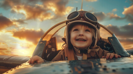 Joyful child in pilot costume sitting in an airplane cockpit at sunset
