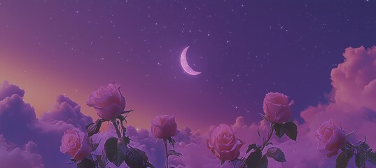 Fantasy picture background of enchanting deep blue dark night sky over shining stars, a glowing full moon, and a beautiful fairy pink rose flower garden.