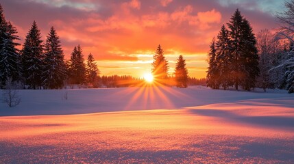 A stunning winter sunset over a snowy landscape with evergreen trees.