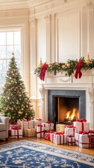 A stylish living room features a large gray and blue rug in front of a fireplace, surrounded by greenery and numerous festive wrapped gifts