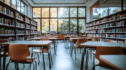 Serene School Library, Organized Books, Calm Study Atmosphere, Back-to-School Reading Haven