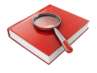 a red book with a magnifying glass on it