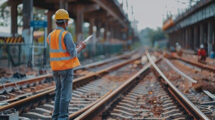 Fototapeta premium Engineer in yellow helmet on railway tracks, monitors work progress with a digital tablet, exuding professionalism and focus on the construction site.