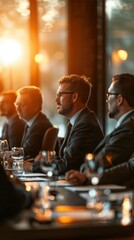 Image shows formal business meeting at a long table with five men in suits. Relaxed atmosphere, attentive listeners, facing one direction, with cups and glasses on table.
