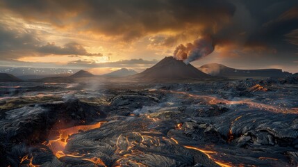 Fototapeta premium Volcanic landscape with active volcano, lava flows, dramatic sunset, and two other erupting volcanoes. Stark, apocalyptic scene devoid of life, emphasizing raw power of nature.