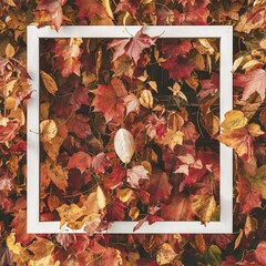 Autumn leaves background with white rectangular frame superimposed over the foliage