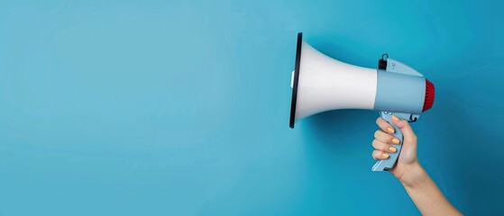 A hand holding a megaphone against a blue background.