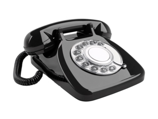 a black rotary telephone with a cord