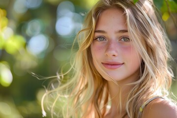Obraz premium Blonde Teen. Beautiful Young Girl with Blond Hair Smiling Happily in White Background