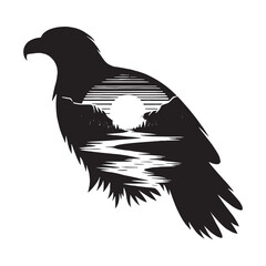 Naklejka premium silhouette of Eagle filled with river view in rough drawing