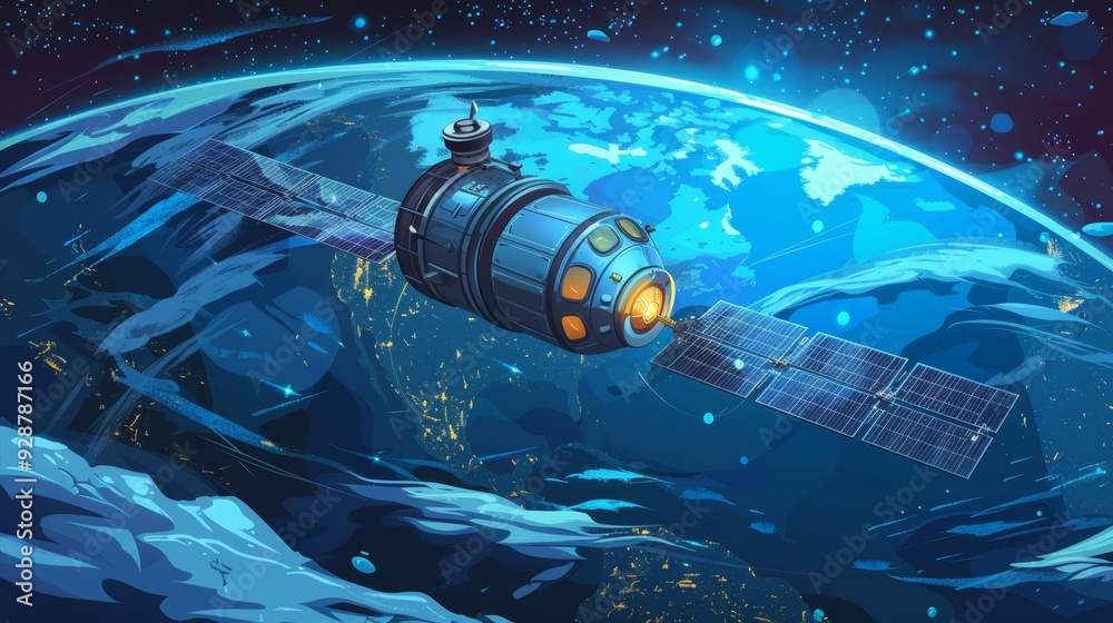 Poster cartoon vector satellite orbiting earth with a view of continents below