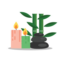 Spa Theme with Candles Pebbles and Bamboo Flat Style. Health and beauty services concept vector