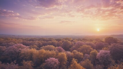 Breathtaking aerial view of colorful autumn forest at golden sunset