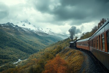 A vintage steam train travels through a mountainous landscape with autumn foliage and snow capped peaks under a cloudy sky