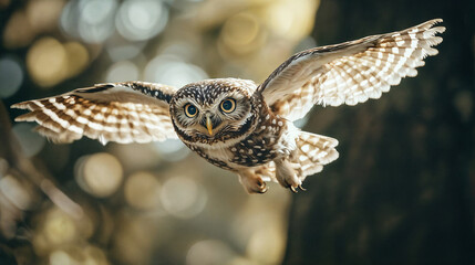 Obraz premium Flying little owl in mid-flight with wings fully spread, sharp-eyed owl soaring through a forest, detailed nature photography of a wild bird of prey in its natural habitat