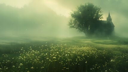Naklejka premium Church in the Mist.