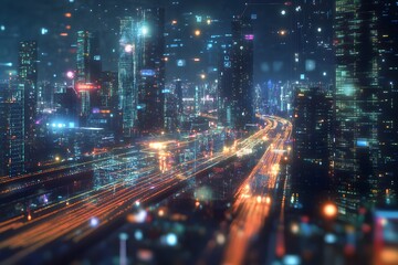 Obraz premium Futuristic Cityscape at Night with glowing lights