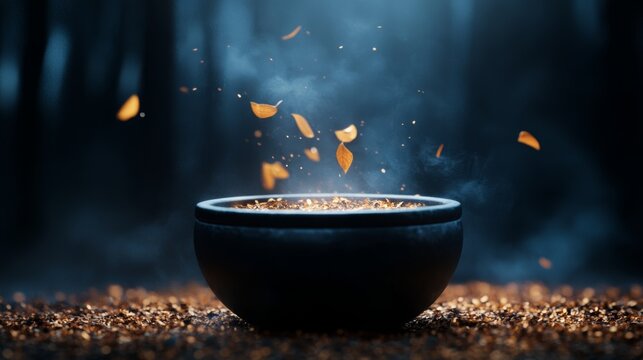 Mystic in enchanted forest, cauldron spell, moonlight mist, glowing herbs, ancient magic, serene aura