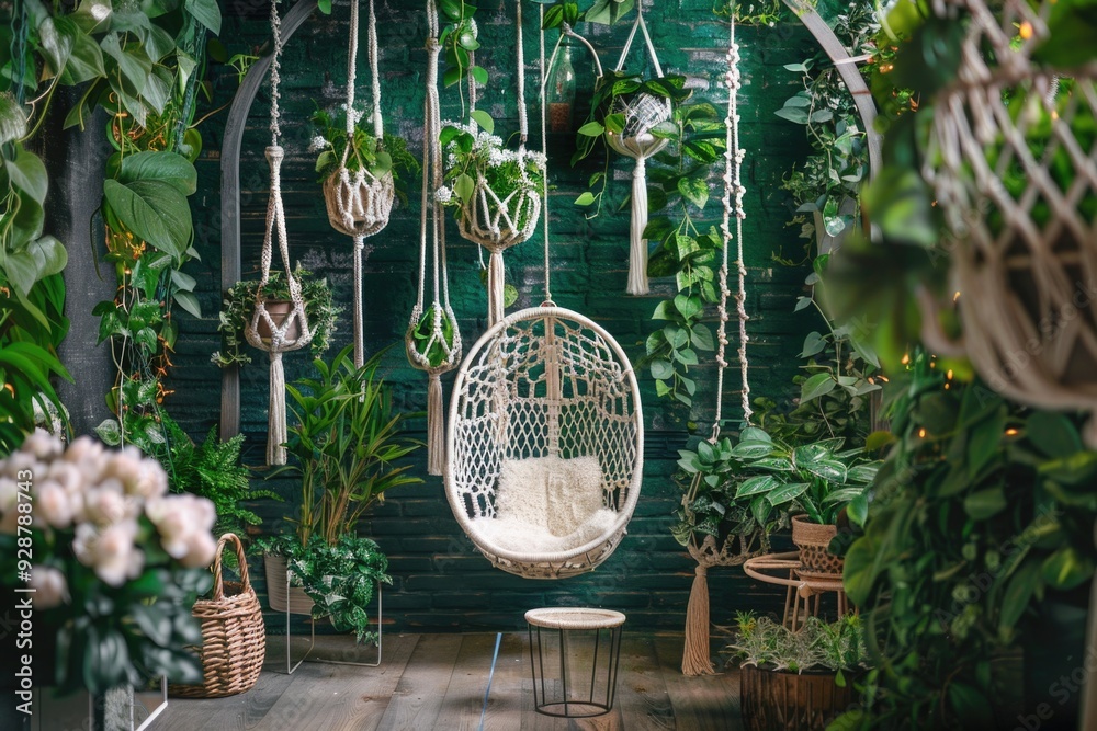 Poster Cozy indoor space with lush greenery and hanging seats