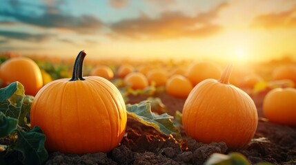 Sunset over pumpkin field, warm hues, glowing orange pumpkins, peaceful evening atmosphere