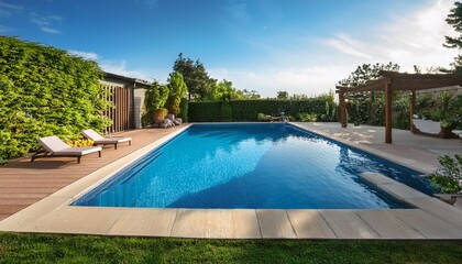 A beautiful swimming pool in a modern backyard with lush landscaping