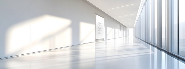 Obraz premium Modern white office interior, a long corridor with windows and light from the windows, photorealistic landscapes, architectural photography, bright white walls, glossy floor tiles, high ceilings, mini