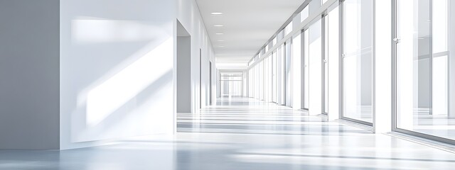 Obraz premium Modern white office interior, a long corridor with windows and light from the windows, photorealistic landscapes, architectural photography, bright white walls, glossy floor tiles, high ceilings, mini