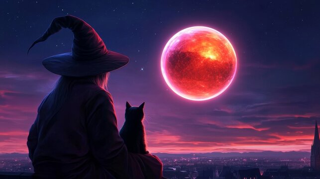 Witch hovering, crystal orb, mischievous grin, black cat on shoulder, crooked hat, village below, night sky