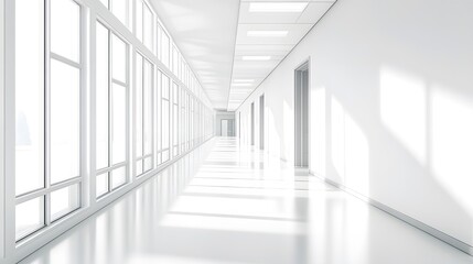 Obraz premium Modern white office interior, a long corridor with windows and light from the windows, photorealistic landscapes, architectural photography, bright white walls, glossy floor tiles, high ceilings, mini