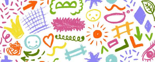 Vector seamless pattern with  colorful charcoal graffiti doodle punk and girly shapes . Hand drawn abstract scribbles and squiggles, creative various shapes, pencil drawn icons.