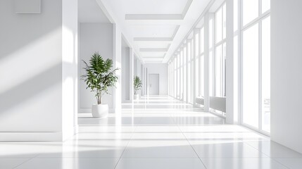 Obraz premium Modern white office interior, a long corridor with windows and light from the windows, photorealistic landscapes, architectural photography, bright white walls, glossy floor tiles, high ceilings, mini